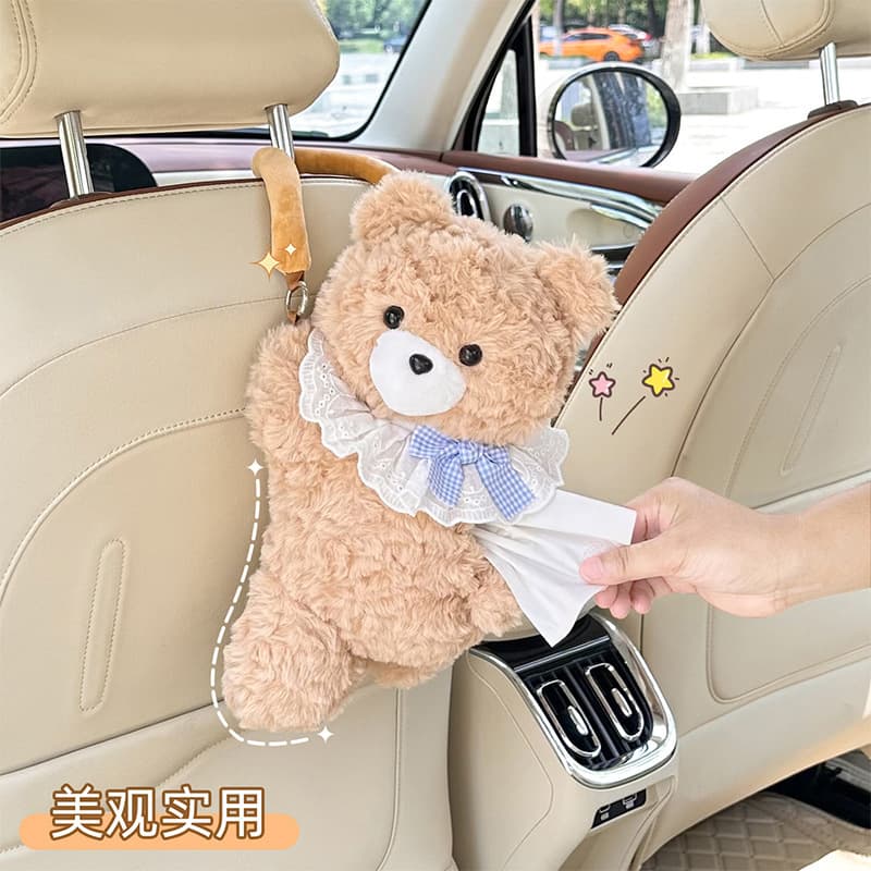 New Cartoon Car Tissue Box, Plush Cute Bear Hanging Tissue Holder, Car Interior Decorative Tissue Pouch
