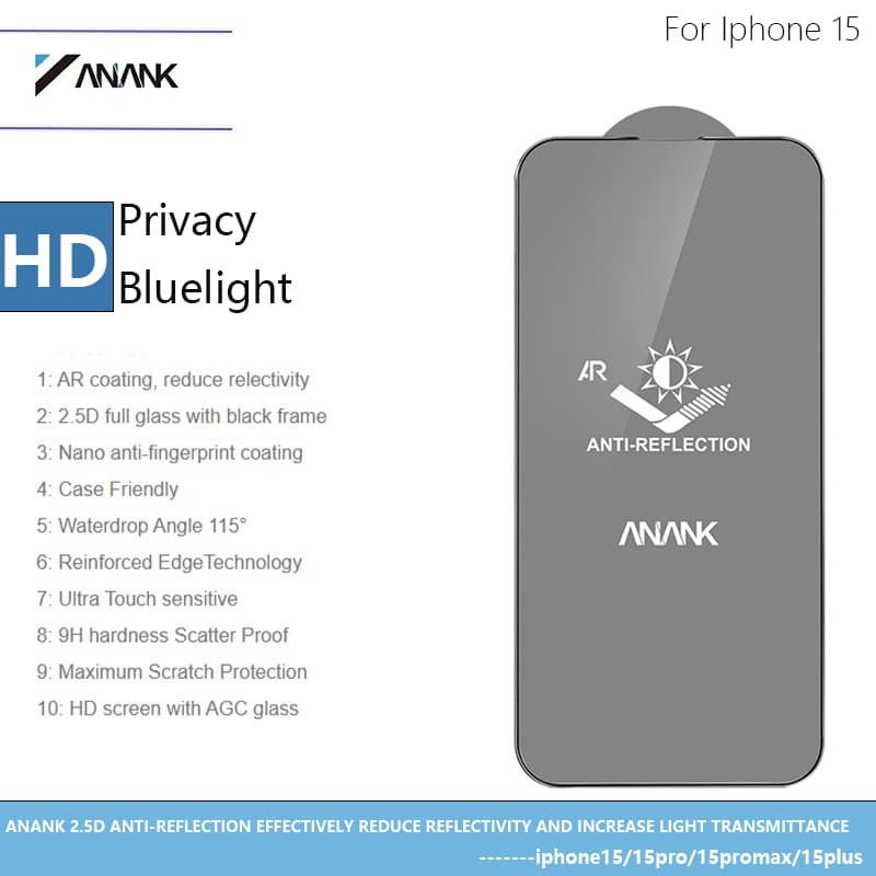 ANANK High Definition Tempered Glass Screen Protector for iPhone 15 Pro, Anti-Reflective Protective Film for Apple 15 Plus