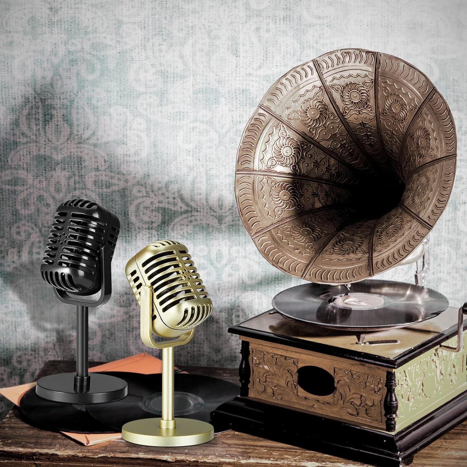Desktop fake microphone, retro-style adjustable vintage mic model for studio photography, decorative small prop