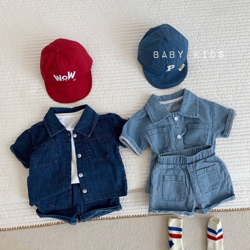 Ins Boys Summer Fashionable Denim Set Baby Short Sleeve Turn-Down Collar + Clothes Complete Set New Two-Piece Set