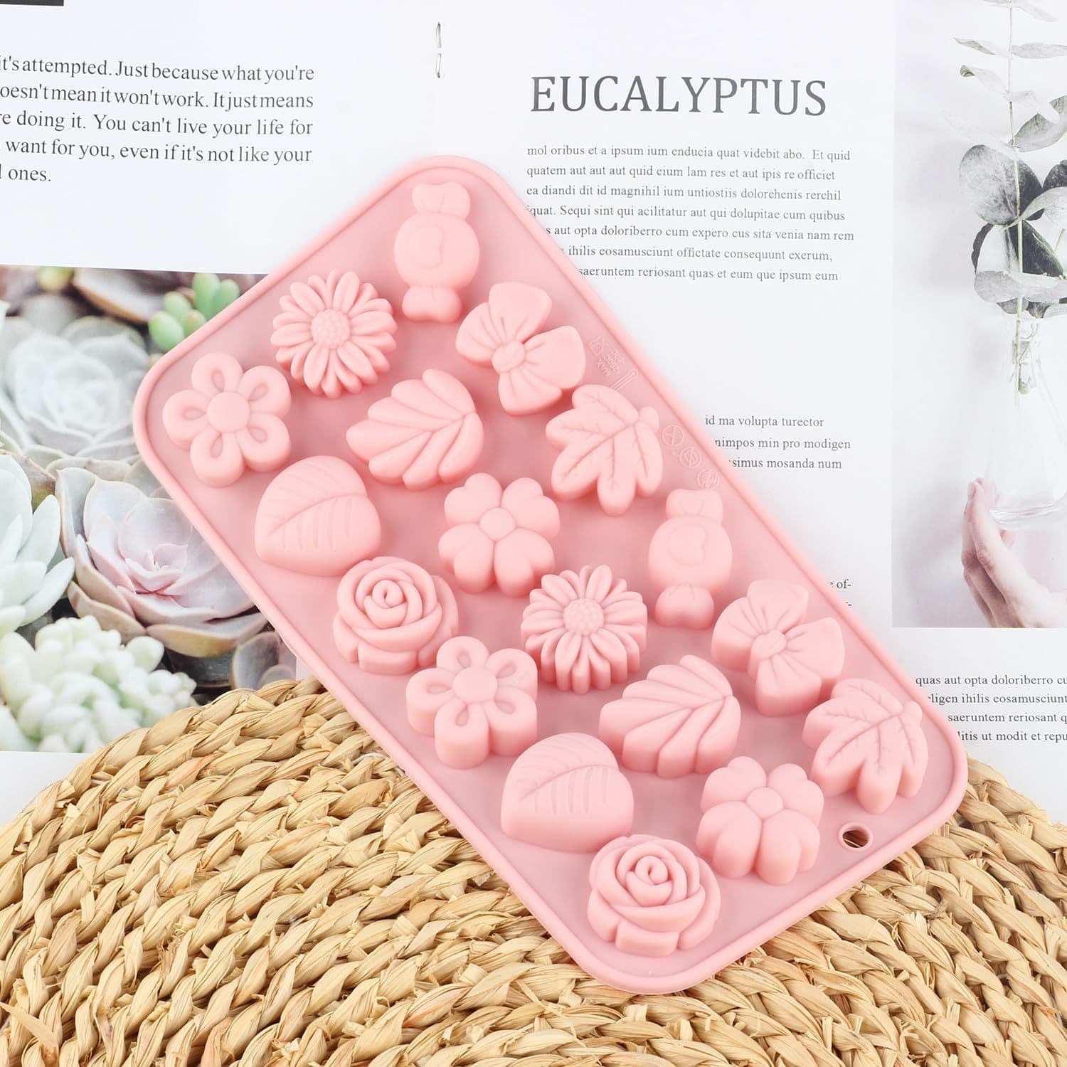 In Stock: 18-Piece Silicone Mold with Various Shapes Such as Small Flowers, Leaves, Candy, and Bows, for Baking Cakes and Chocolate