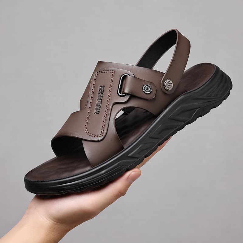 Men's Summer Genuine Leather Casual Sandals, Non-Slip Soft Sole Dual-Purpose Slippers for Beach and Driving
