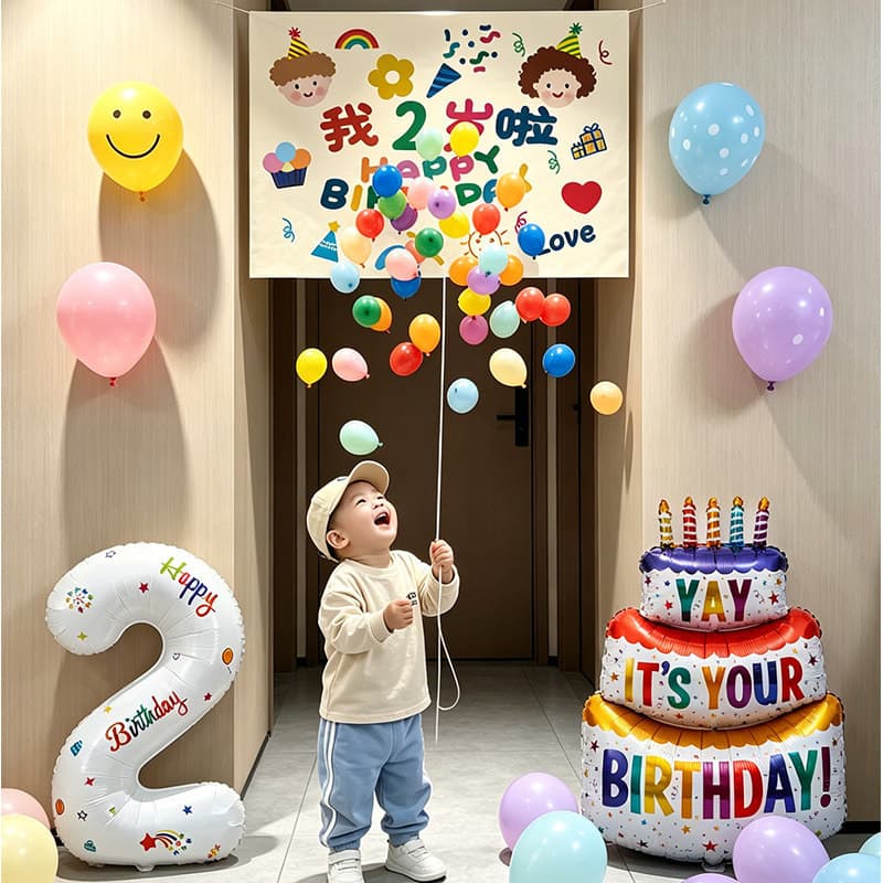 Simple ins style drawstring birthday decoration balloons for children and babies 2 years old party scene layout background wall package