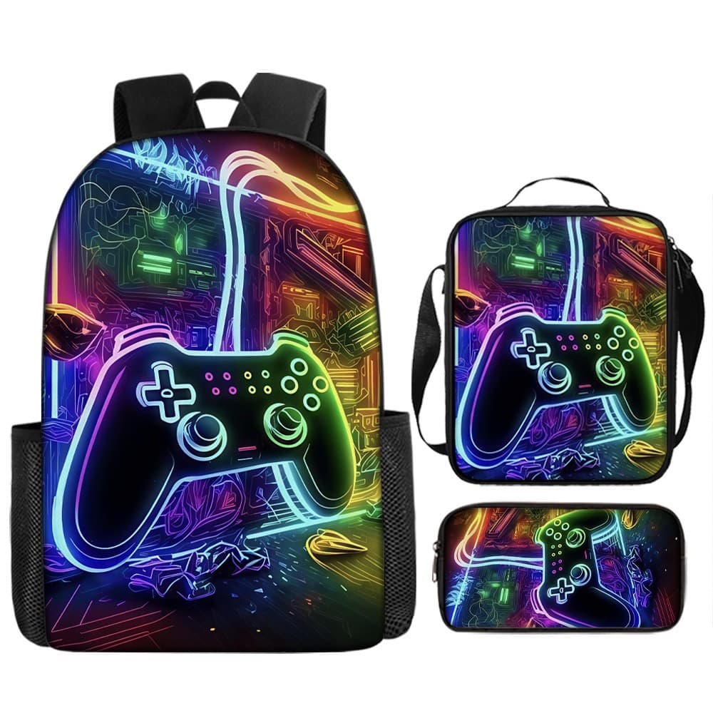 Cross-Border Hot Selling Neon Light Game Controller Backpack for Primary and Secondary School Students Large Capacity Shoulder Bag Pencil Case Three-Piece Set