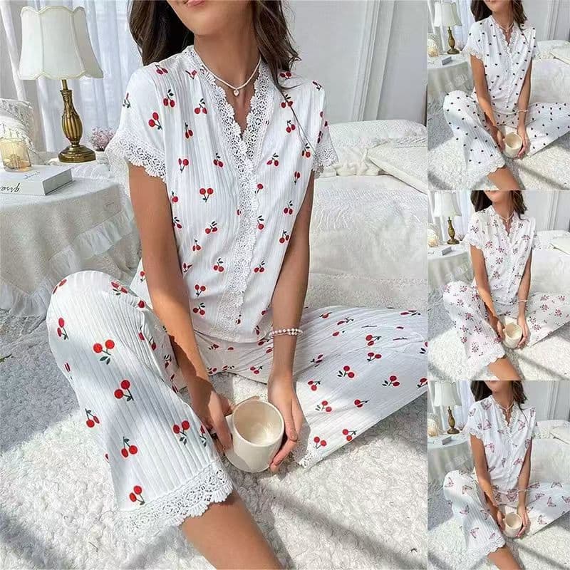 European and American Style Women's New Sexy Lace Trim Cherry Print V-Neck Slim Fit Cute Comfortable Loungewear