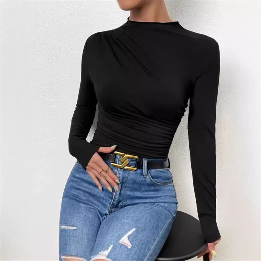 2026 Fall/Winter Cross-Border Europe and America Foreign Trade Solid Color Elegant Slim Fit Versatile Pleated Design Long Sleeve Top T-Shirt for Women