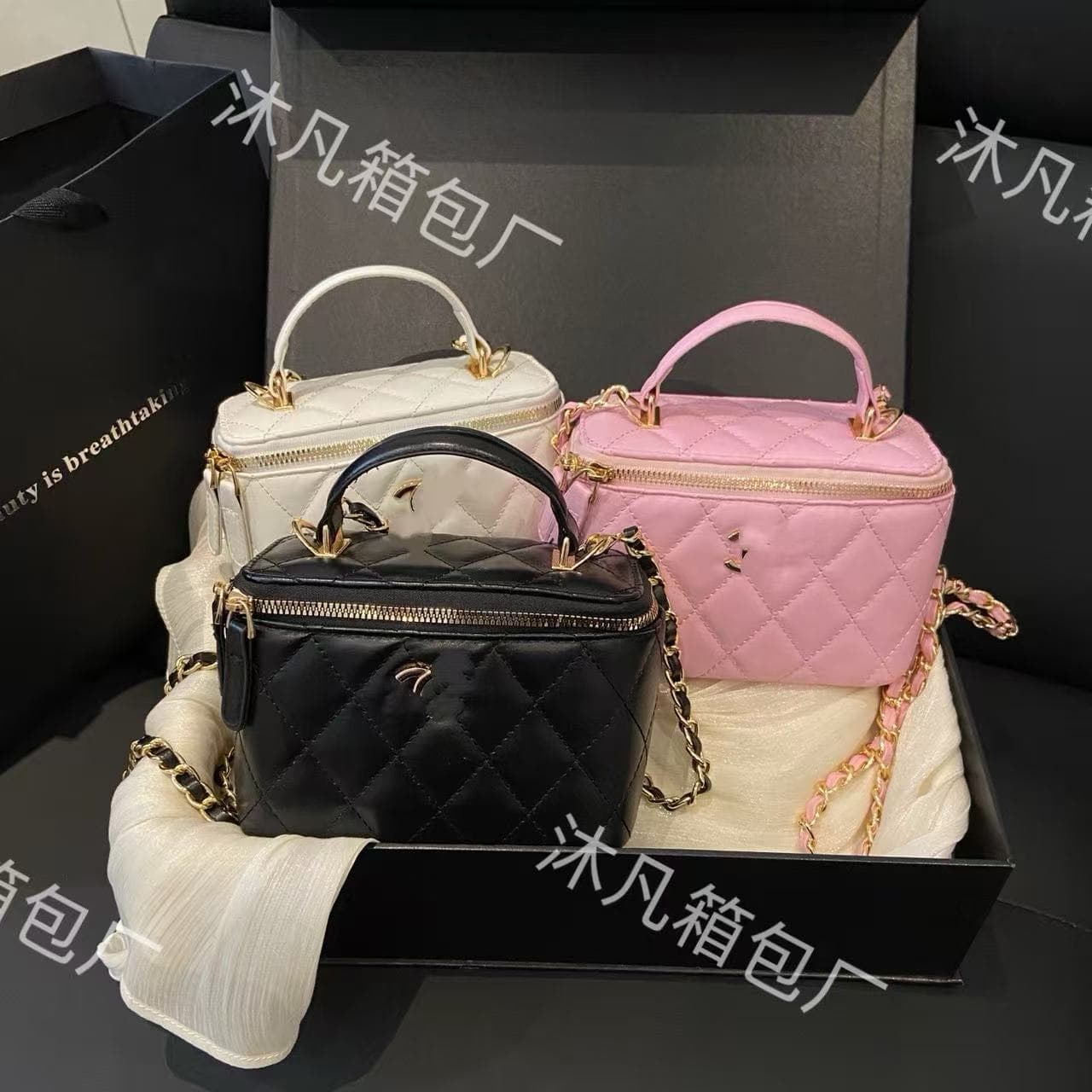 Small fragrant style diamond chain box bag women's mini crossbody bag chain small gold ball shoulder cosmetic bag mini mirror