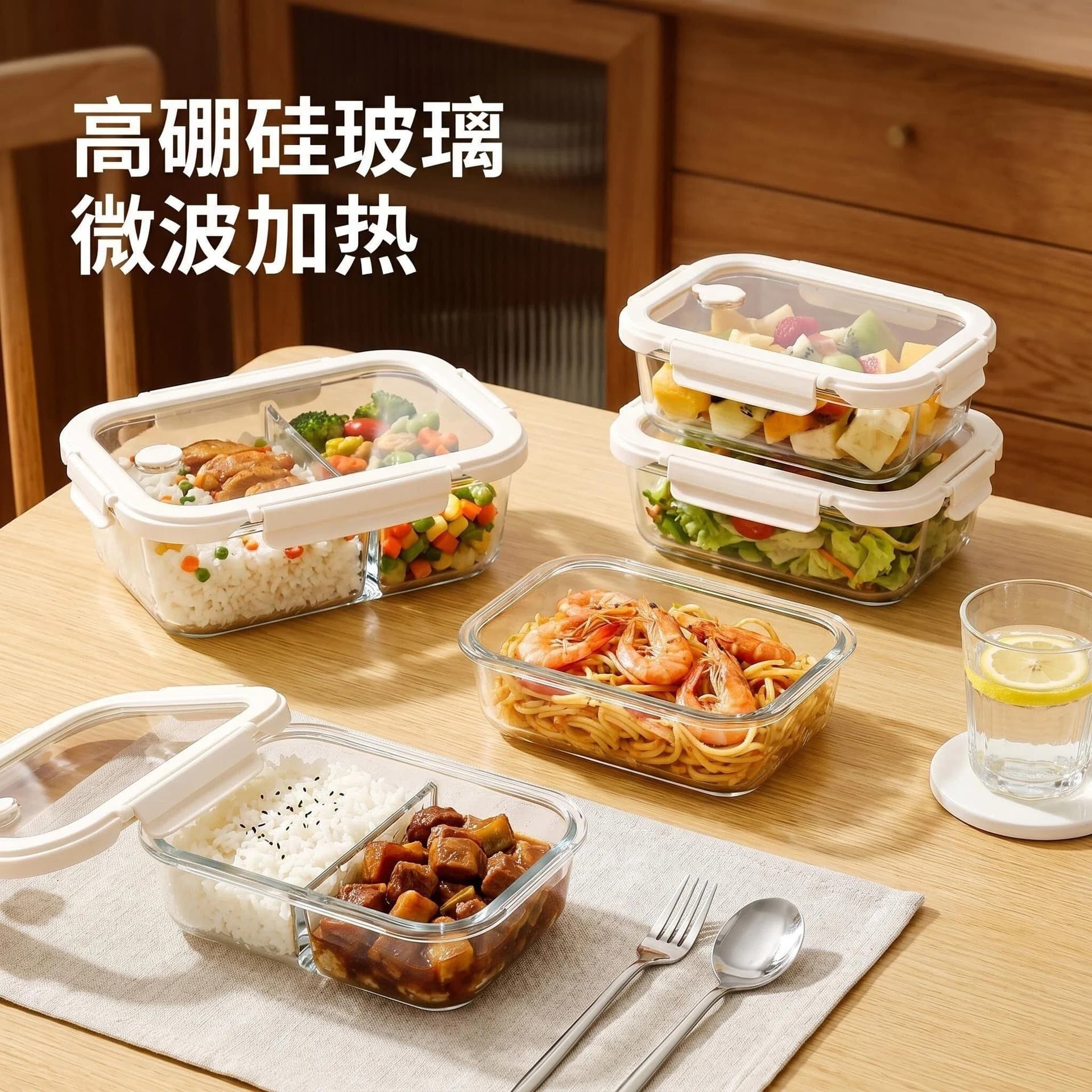 Borosilicate Glass Lunch Box Microwave-Safe Meal Prep Container with Compartments for Office Workers, Fresh-Keeping Bento Box