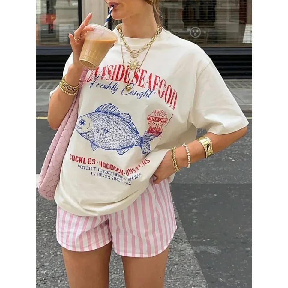 Seafood Graphic T-Shirt Grunge Aesthetic Street Cotton Casual Versatile Fashion Oversized Women's Retro Style