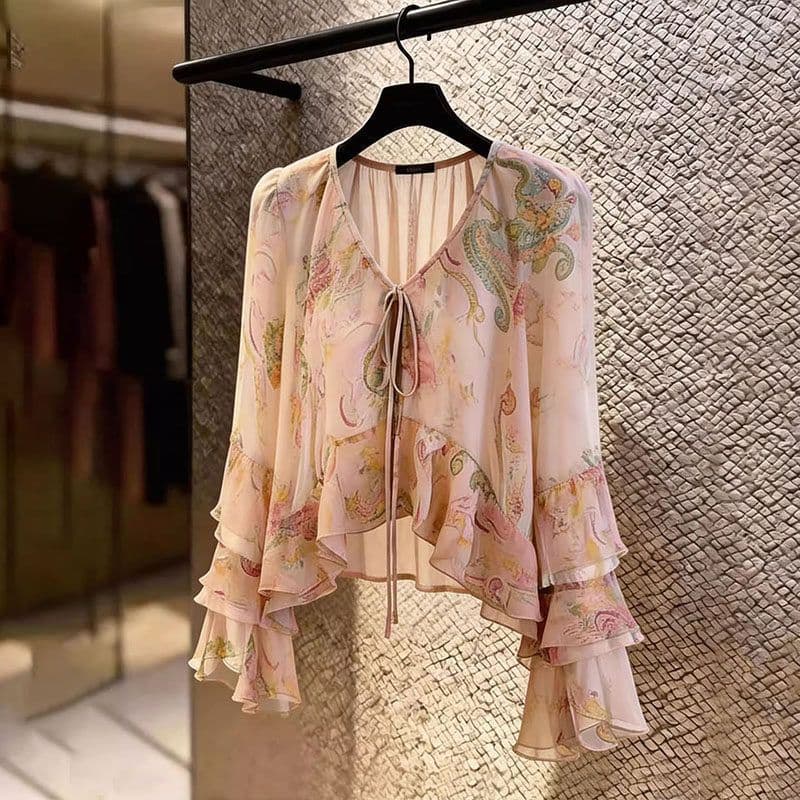 French Light Luxury Printed Flared Sleeve Chiffon 2026 New Design Niche Irregular Flared Sleeve Top