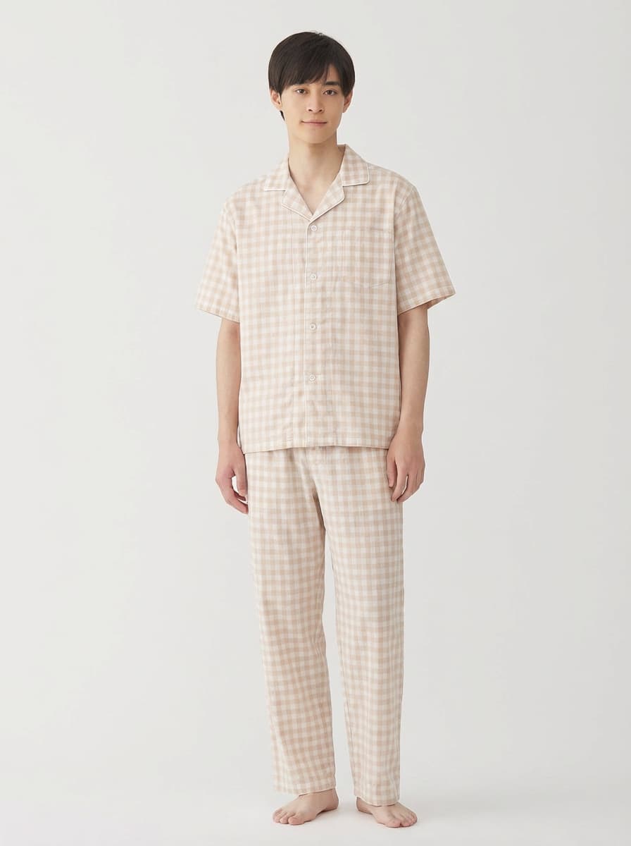 Muji Pure Cotton Double-Layer Gauze Pajama Set for Men and Women, Spring/Summer Premium Cotton Gauze Short Sleeve Long Pants Loungewear