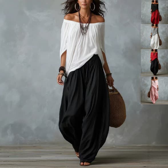 2026 Summer New European and American Fashion High-End Retro Style Loose Off-Shoulder Wide-Leg Pants Two-Piece Set