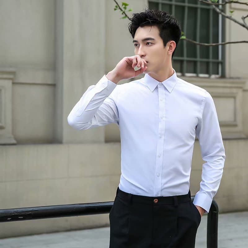 2020 Autumn Slim Fit Business Formal Shirt for Men, Stylish White Long Sleeve Dress Shirt, Korean Trendy Top