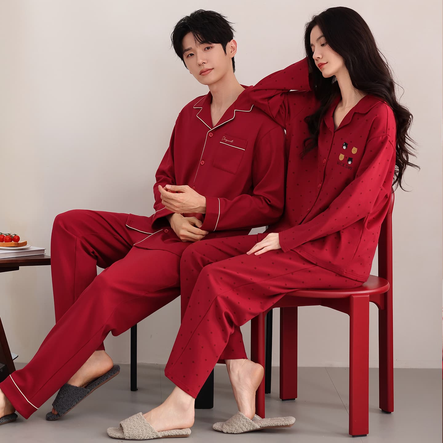 Newlywed Wedding Red Zodiac Year Couples Pajamas Spring/Autumn Single-Sided Pure Cotton Long-Sleeve Men's and Women's Autumn/Winter Homewear Set