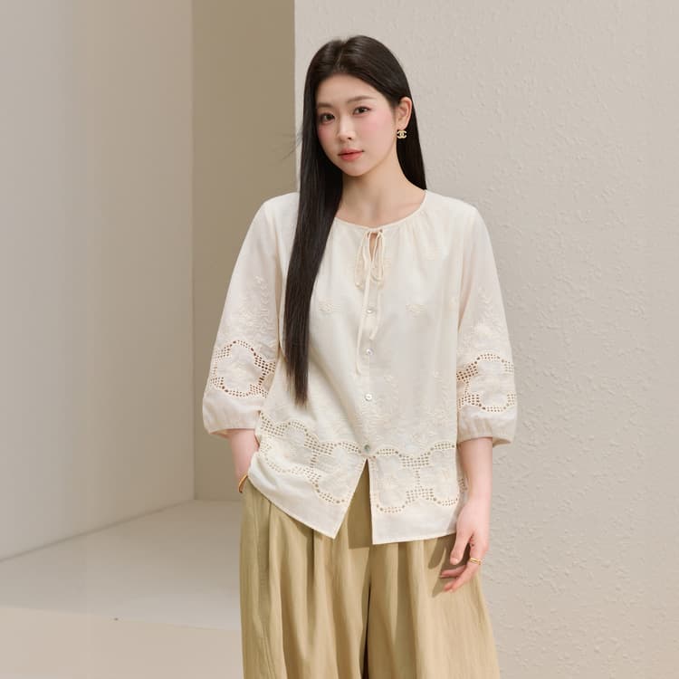 【Hollow Embroidery Cotton Shirt】Xianlixiu Plus Size Women's French Vintage Top for Plus Size 2026 Summer New