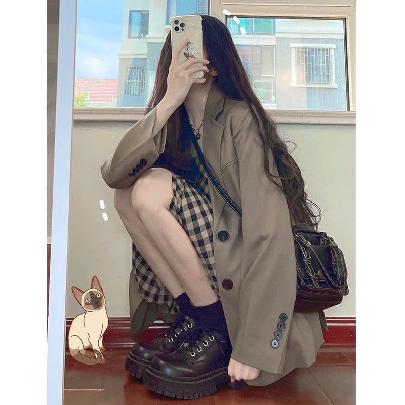 Brown suit jacket for petite women, new spring/autumn 2025 style, high-end and trendy Korean casual blazer.