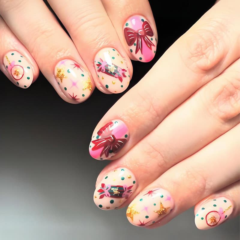 24 Pieces Export Christmas New Short Oval Wearable Nails Painted Bow Star Candy Manicure Nails Wholesale