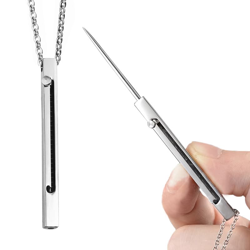 Cross Telescopic Toothpick, Spring-Loaded Stainless Steel Necklace Self-Defense Weapon and Camping Tool