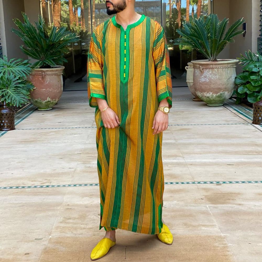 2021 New Best-Selling Ethnic Style Striped Color-Block Loose Long-Sleeve Men's Long Shirt