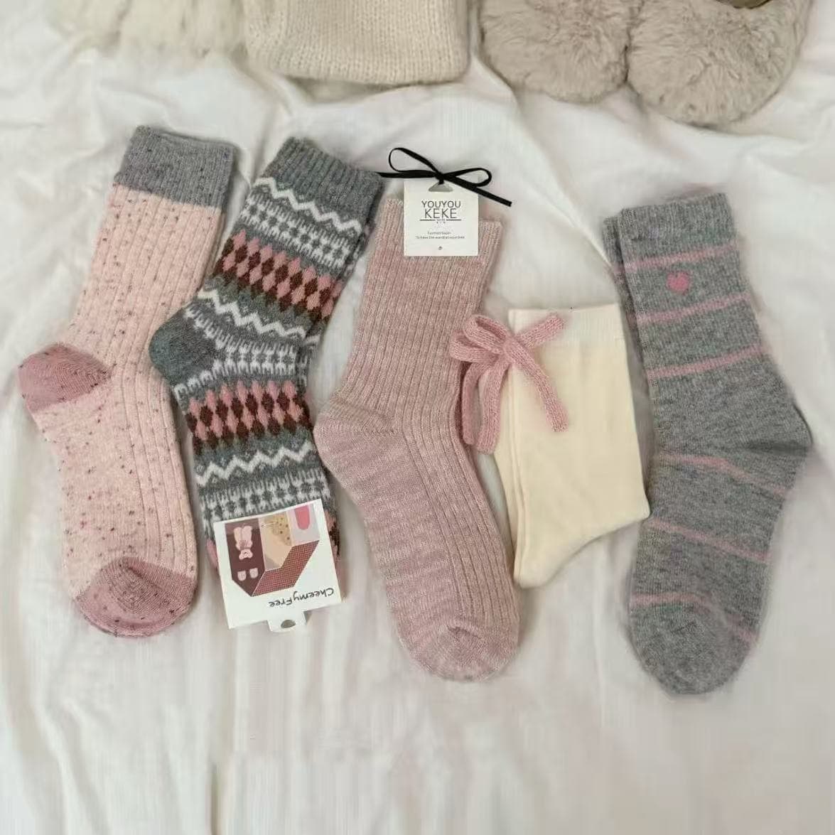 Hot Style Women's Socks Stackable Socks Diamond Pattern Retro Korean Blogger Style Color Block Mid-Calf Socks Sweet Bow Zhuji Socks