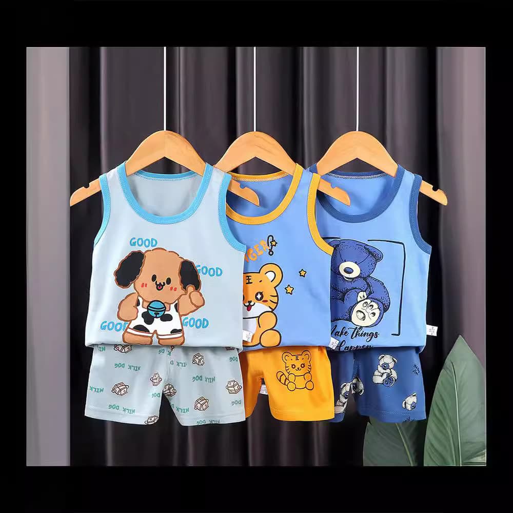 Class A 100% Cotton Children's Vest Set Summer Cotton New Sleeveless Set Cartoon Unisex Set 2023