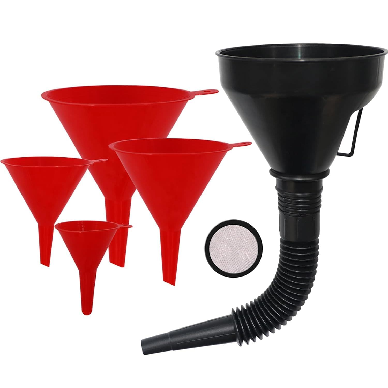 Cross-border hot-selling 5-piece set of automotive plastic funnels with filter and hose for adding engine oil, gasoline, and windshield washer fluid.