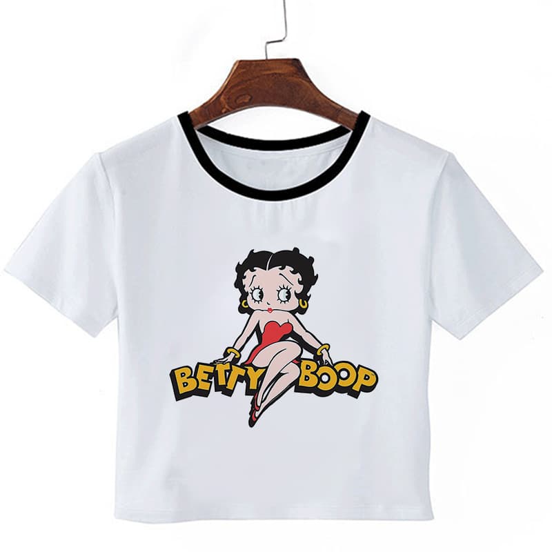Betty T Shirt Crop Top - Summer Sexy Miss Betty Cartoon Print Cropped White T-Shirt for Women