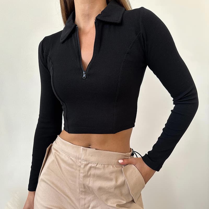YD205 fashionable European and American style solid color autumn coat lapel zipper sexy bust-revealing waist-cinching sports top