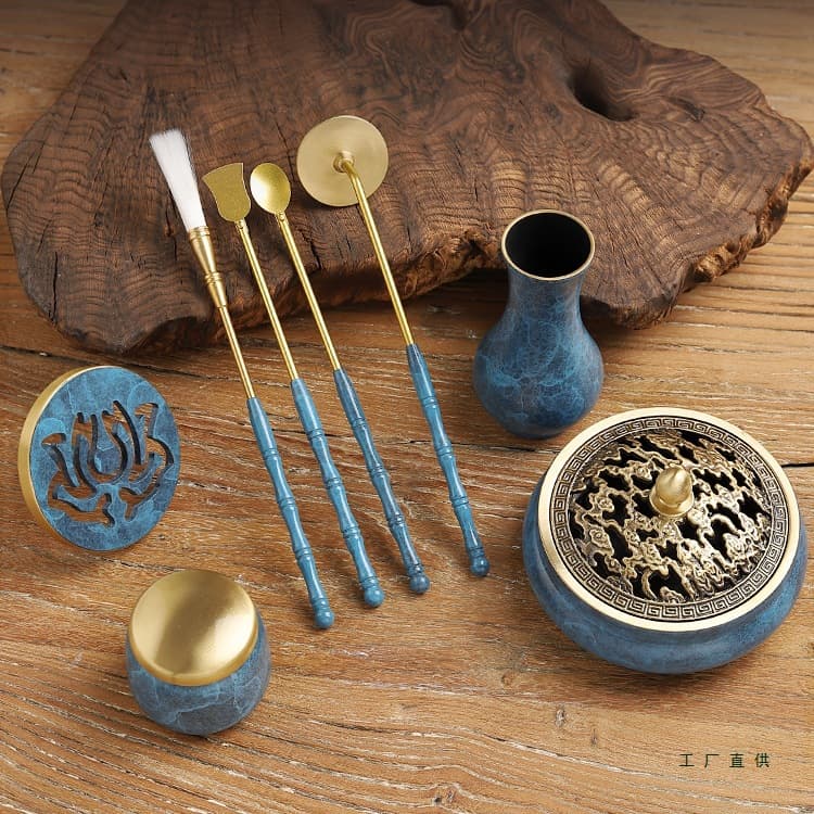 Blue-fired brass incense seal tool set for beginners, including incense burner, seal accessories, ash, spoon, and shovel.
