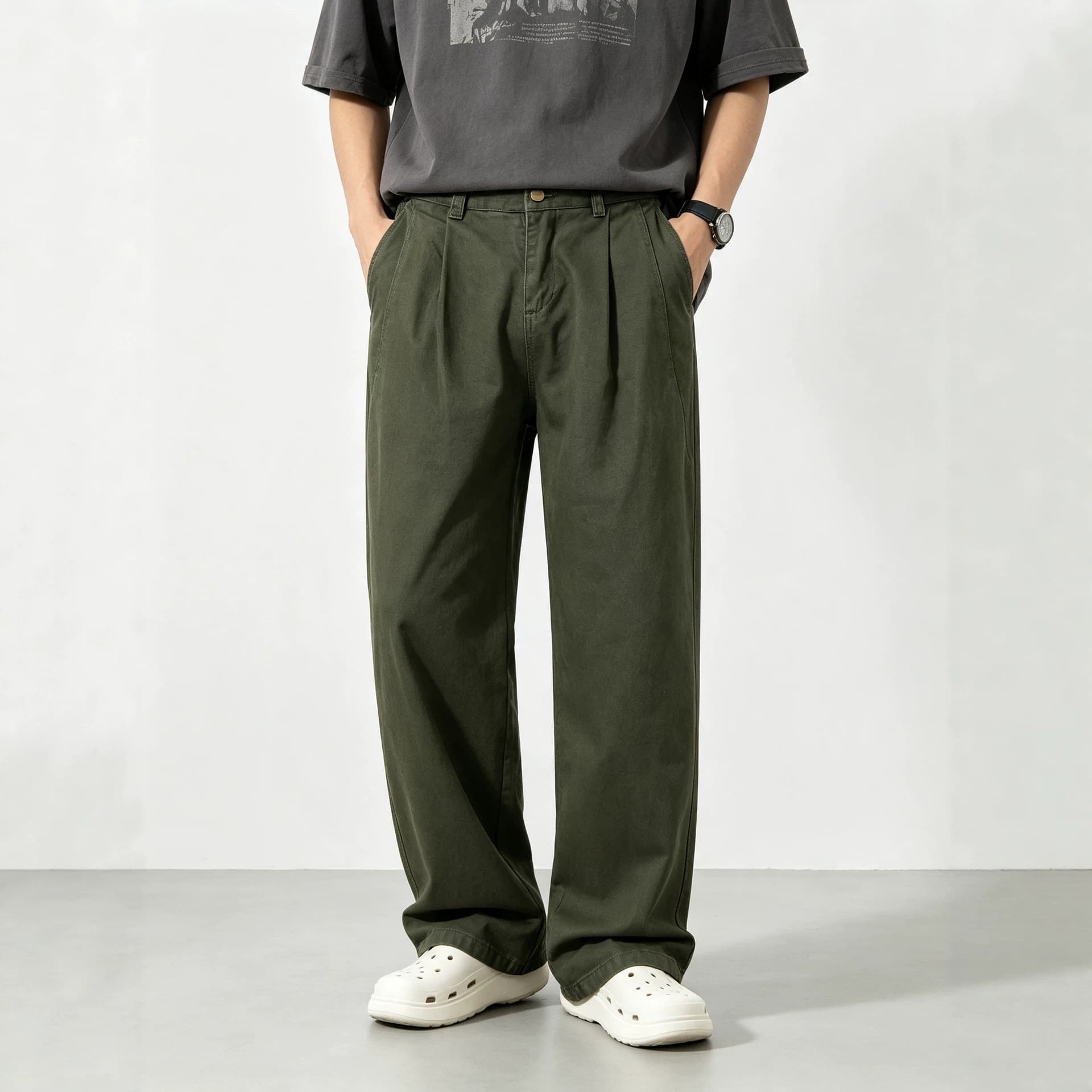 In Stock | Wholesale Spring Summer New Loose Straight Casual Pants Men American Style Trendy Versatile Retro Army Green Trousers