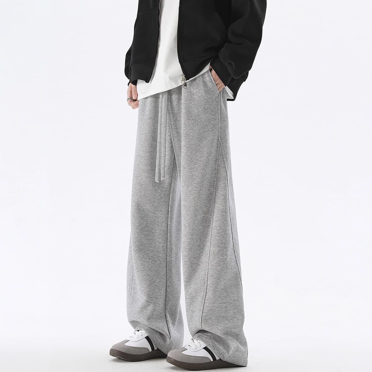 American Curved Blade Casual Pants for Men, Loose Straight Fit, Versatile Gray, Heavyweight Fleece-Lined Sports Sweatpants, Streetwear Brand