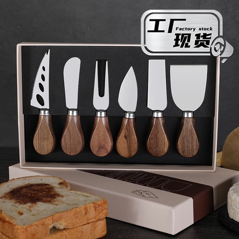 Walnut Handle Cheese Tool Set, Knife and Fork, Butter Knife, Stainless Steel Cheese Knife, 6-Piece Set for Toast Bread