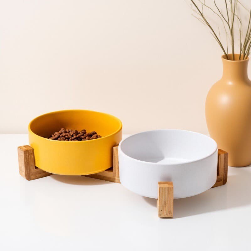 Straight Rim Pet Double Bowl with Stand, Ceramic Cat Dog Food Bowl, Anti-Tip Water Bowl, Dog Feeding Bowl