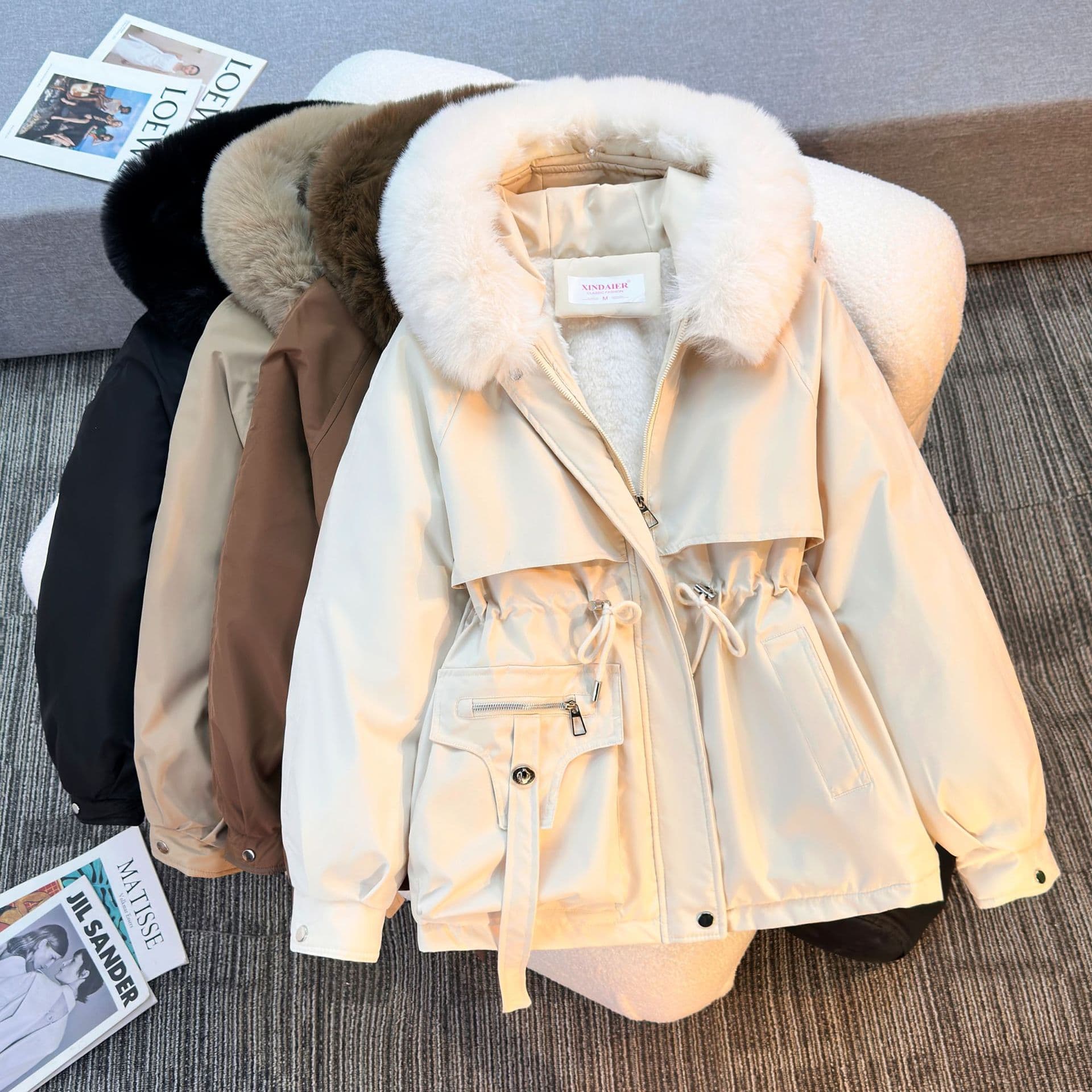 Cross-Border Parka Women's Winter 2025 New Large Fur Collar Parka Fashion Versatile Fleece-Lined One-Piece Coat