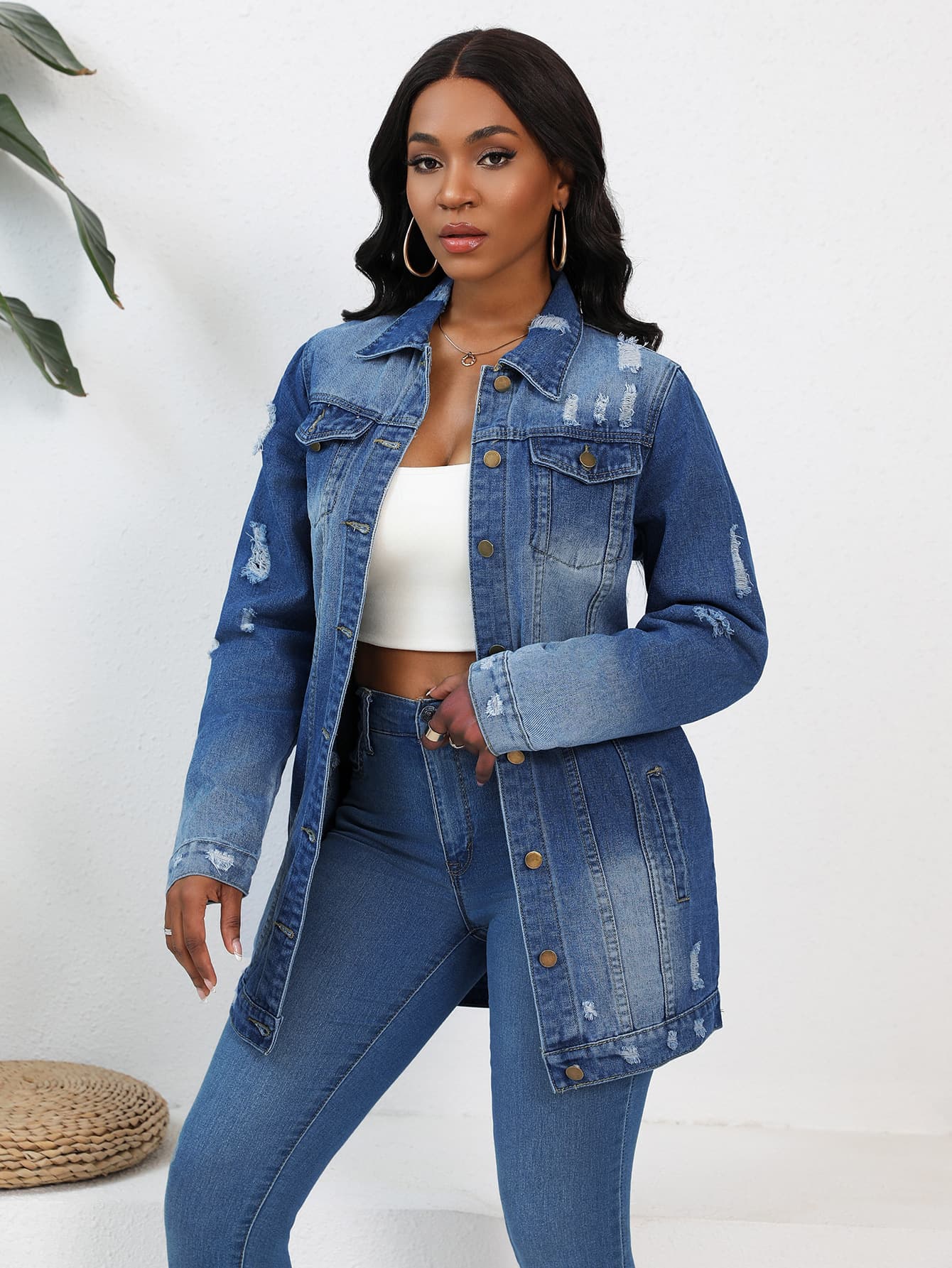 Actual Photo: AliExpress Amazon Independent Station Distressed Denim Jacket Mid-Length Denim Jacket Women