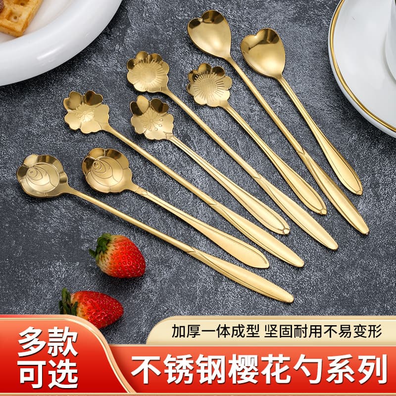Household stainless steel coffee spoon gold high-looking cherry blossom spoon mixing spoon creative rose spoon gift spoon wholesale