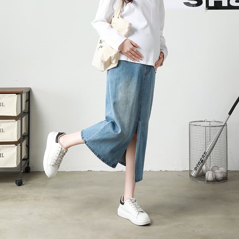 Extra-Large Maternity Denim Skirt, High-End Stretch Fabric, Spring/Autumn/Summer Fashion, Trendy High-Waisted Slit Maternity Dress