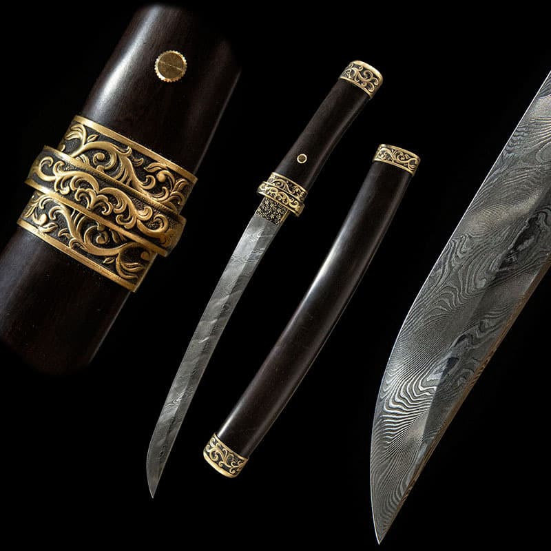 Wholesale Damascus Japanese Wakizashi Samurai Sword with Black Ebony Wood and Copper Fittings, Iaito Sword, Unsharpened