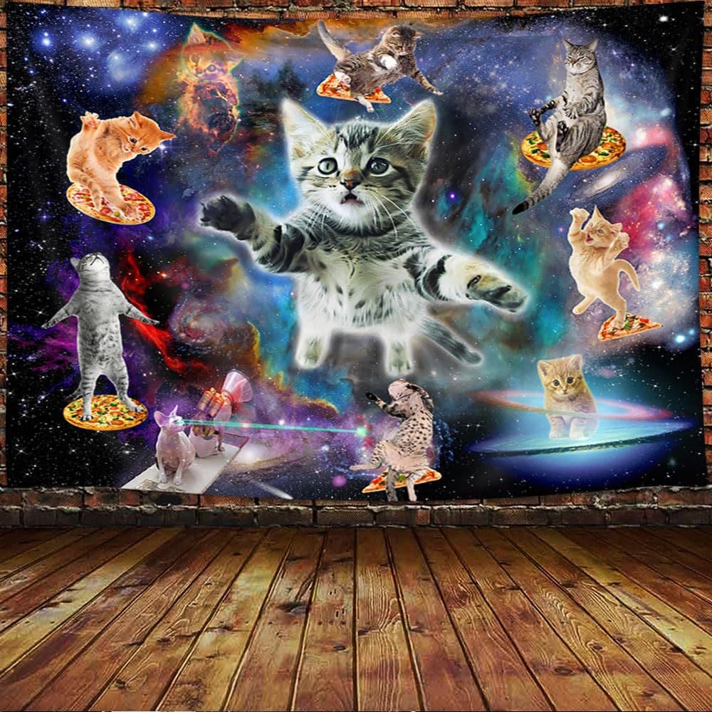Fun Cool Galaxy Cat Tapestry for Boys Kids Bedroom Living Room Dorm Exquisite Funny Cat Wall Hanging