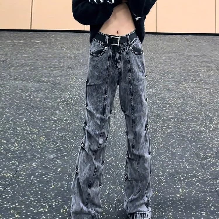 American retro pleated jeans men's four seasons high street trendy brand handsome street pants straight slim slim bootcut pants