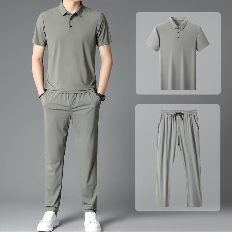 Men's Short Sleeve T-Shirt Summer Seamless Casual Sport Set Trendy Dad Ice Silk Two-Piece Top