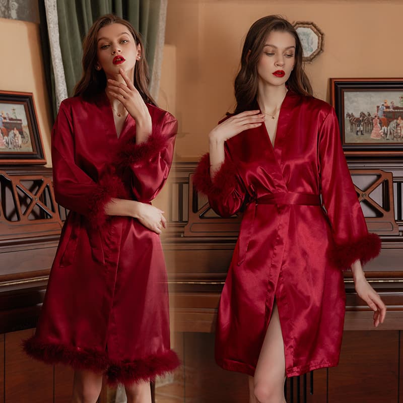 Bride Morning Robe Women's Feather Robe Wedding Makeup Bridesmaid Wedding Kimono Satin Bathrobe