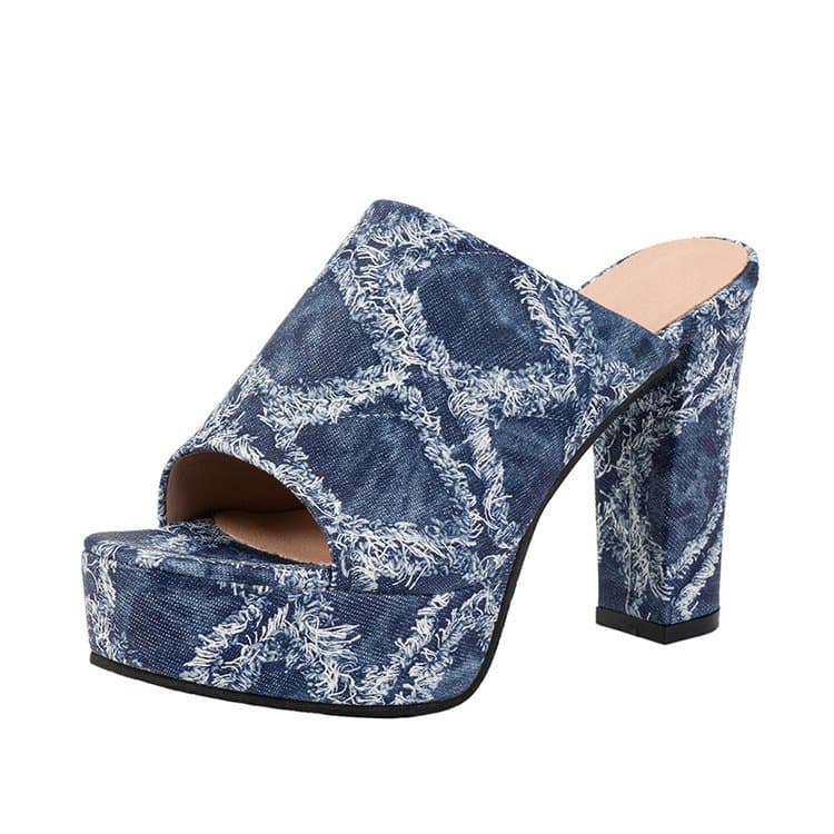 Cross-Border Foreign Trade Large Size Fashionable Denim Slippers for Women 2025 Summer New Style Casual High-Heeled Women's Slippers for Outdoor Wear