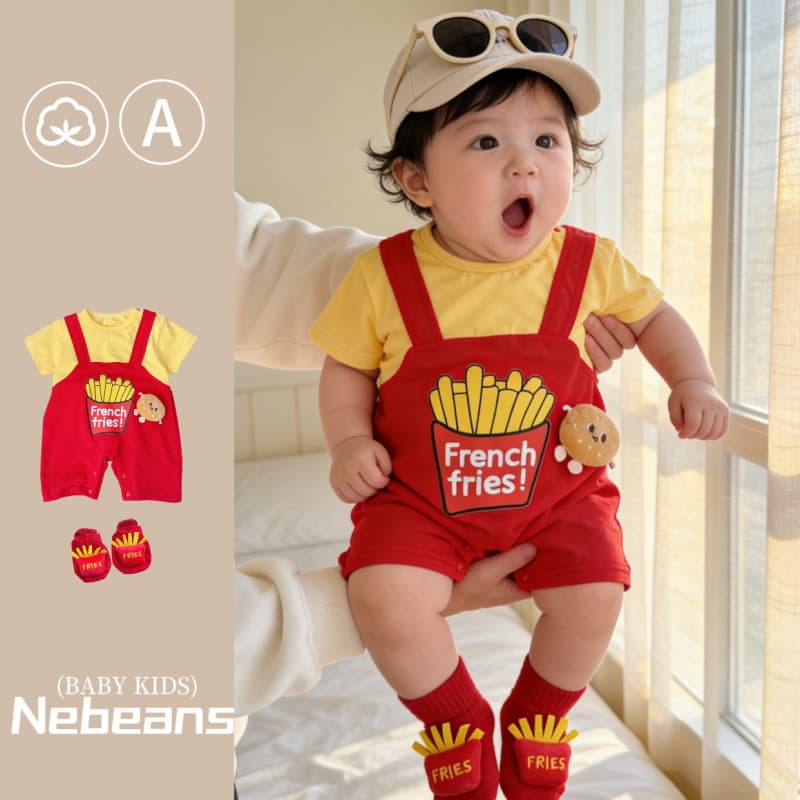 Lebin Home Korean-style trendy baby jumpsuit going-out outfit, unisex baby fries faux-backpack bib overalls, fries-style onesie crawling suit