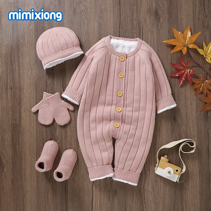Trending on Instagram: New Autumn/Winter Knitted Vertical Stripe Thickened Fleece-Lined Baby Romper with Hat Set for Boys and Girls