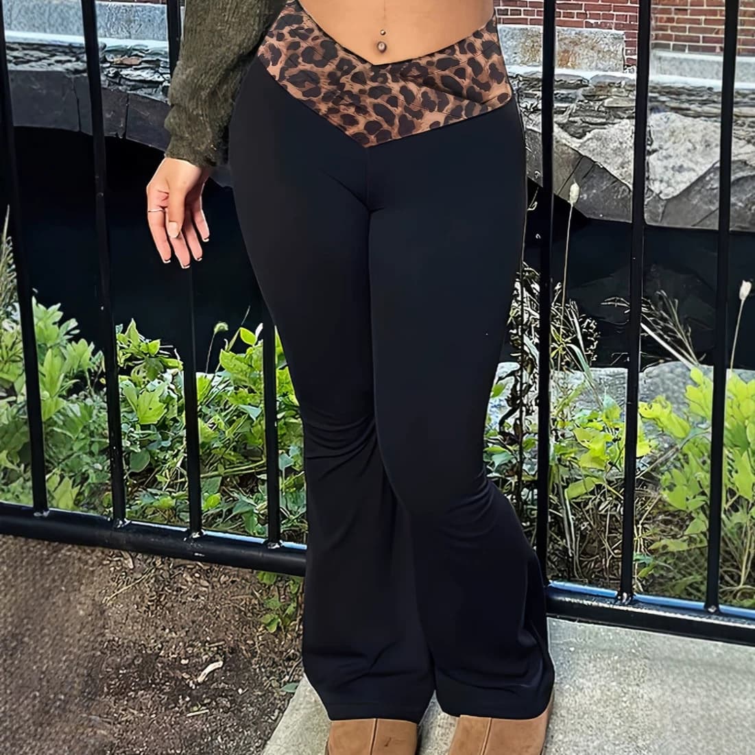 TEMU Cross-border Plus Size Casual Pants Leopard Print Color Block High Waist Hip Lifting Tummy Control Running Sports Fitness Flared Pants