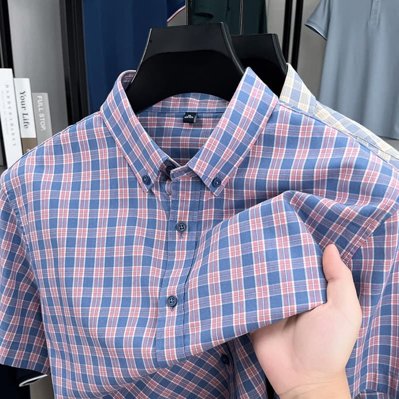 Summer 2026 New Men's Plaid Seamless Short Sleeve Shirt Casual Fashion Versatile Breathable Half Sleeve Men's Clothing