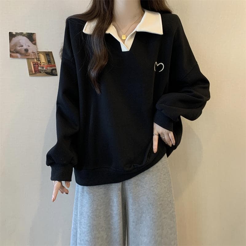 Polo Collar Long Sleeve Sweatshirt Women Spring New Plus Size Loose Slimming Lazy Style Design Sense Jacket Top