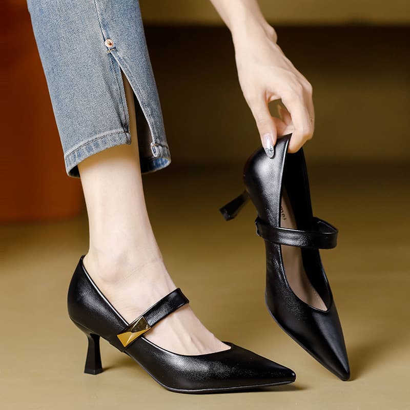 French Style High-Heeled Pointed Toe Comfortable Single-Buckle Shoes Women's Soft Sheepskin Mary Jane Shoes
