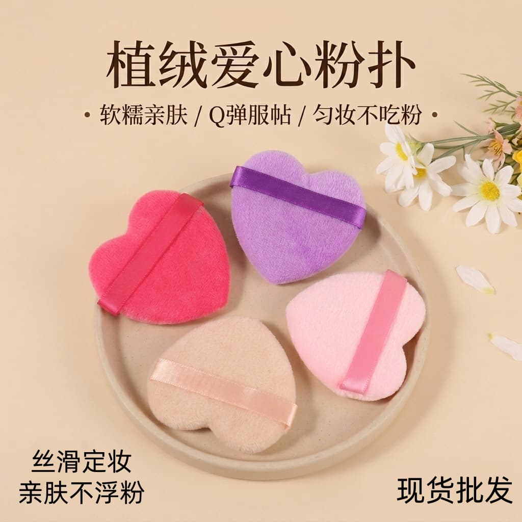 Heart-shaped flocked powder puff cushion, non-absorbent, loose powder setting, makeup tool, skin-friendly disposable powder puff wholesale